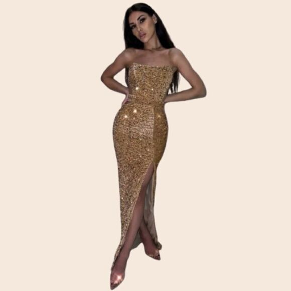 Donnee Par Dieu 'Scarlett' Gold Sequin Gown Size Large - Picture 3 of 15